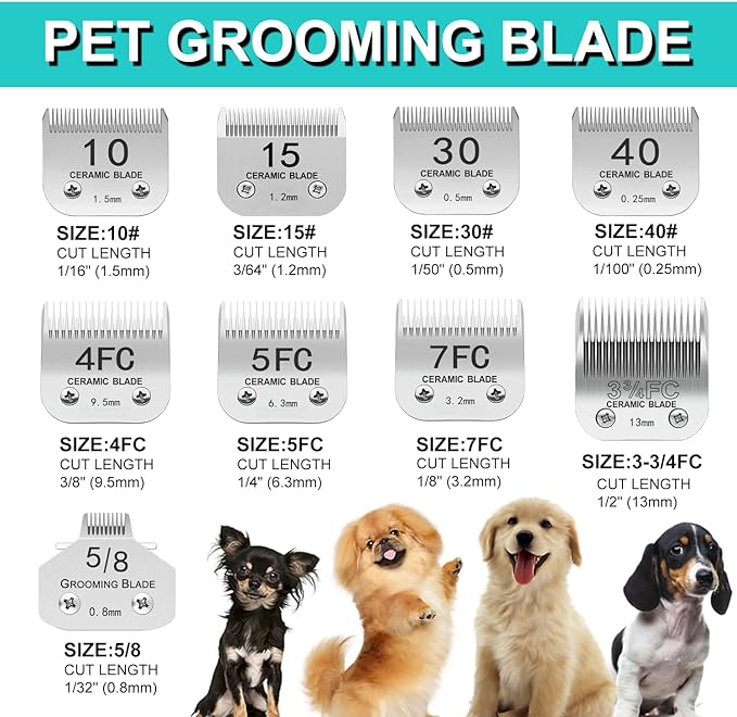 10#/4FC/5FC/7FC Silver Detachable Clipper Ceramic Blades, Dog Grooming Clipper Replacement Blades Compatible with KM Series Clippers, Most A5, Size-10#/4FC/5FC/7FC, Cut Length 1.5mm to 9.5mm, 4 Packs
