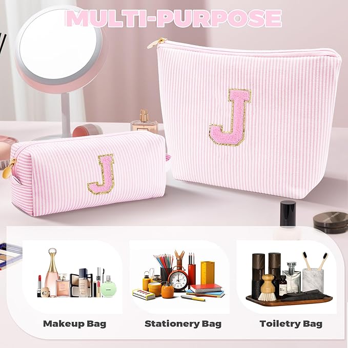 Monogrammed Gifts for Women - Cosmetic Bag for Teen,Initial Cute Makeup Bag Set for Women,Trendy Pouch for Niece Sister Friend Female Her,Birthday Gifts for Daughter - Pink,J