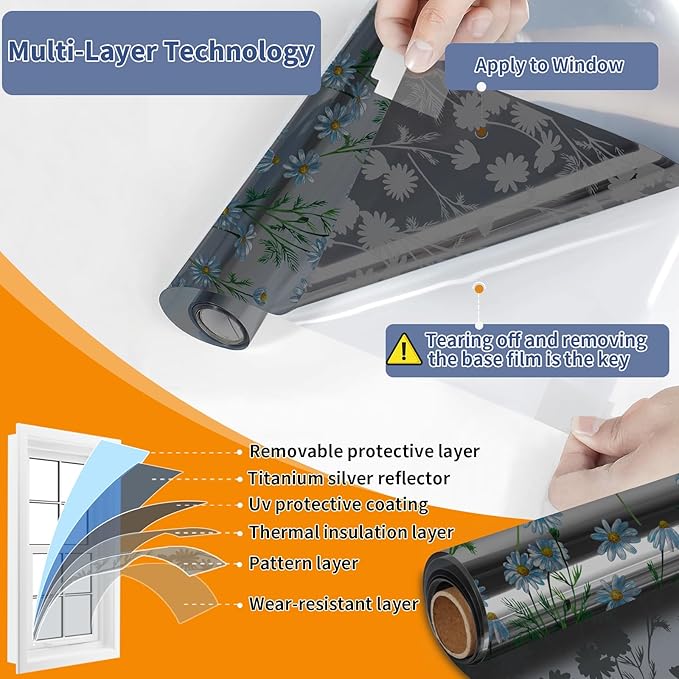 One Way Privacy Film, Window Tint for Home,Daytime Reflective, Anti UV Static Cling Sliding Door Coverings No Glue Garage Solar Paper (Black - Silver-Daisy, 23.6 x 78.7 in)