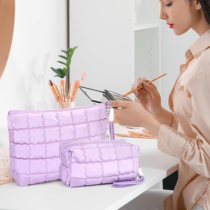 Richeart Makeup Bag Travel Toiletry Bag - Checkered Down Cotton Makeup Pouch for Women with Cosmetic and Pencil, Aesthetic Purple Design, 2 Pieces