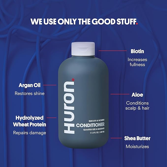 Huron Men’s Conditioner - Lightweight, Hydrating Conditioner - Eliminates Frizzy Hair, Moisturizes, & Restores Shine - Clean & Invigorating Scent - 100% Vegan Ingredients & Cruelty-Free - 11.8 Fl Oz (2 Pack)