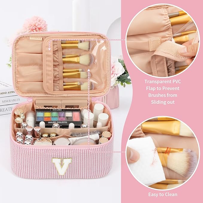 OCHEAL Makeup Bag for Women, Monogram Cosmetic Bag with Brush Holder, Pink Travel Makeup Case Beauty Toiletry Bag Organizer Personalized Gifts for Girls Bridesmaid, Sister, Wife, Friends Initial V