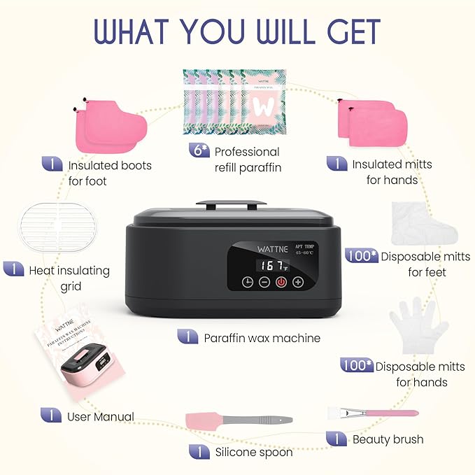Wattne Paraffin Wax Machine for Hands & Feet – Paraffin Wax Warmer Moisturizing Kit with Auto-Timer & Precision Temperature Control, Paraffin Wax Bath for Arthritis, Dry Skin Care, Home Spa-Black