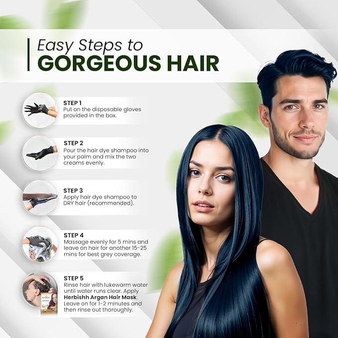 Herbishh Hair Color Shampoo - Magic Long-Lasting Hair Dye for Gray Hair Coloring in Minutes - 500 Ml - 3-In-1 Ammonia-Free Formula (Blue Black)
