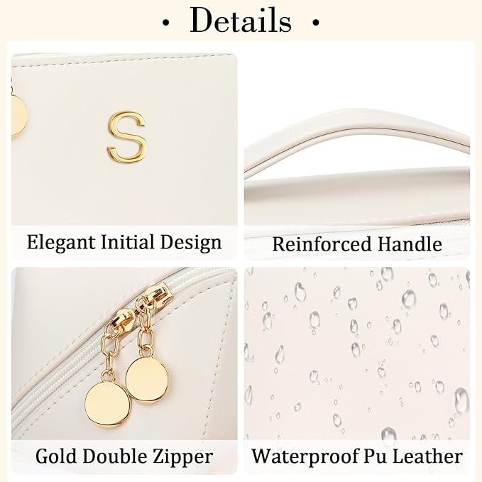 Birthday Gifts for Women Teen Girl, Personalized Initial Makeup Organizer Bag Set, Open Flat Travel Cosmetic Bag With Clear Divider and Handle(Beige,S)