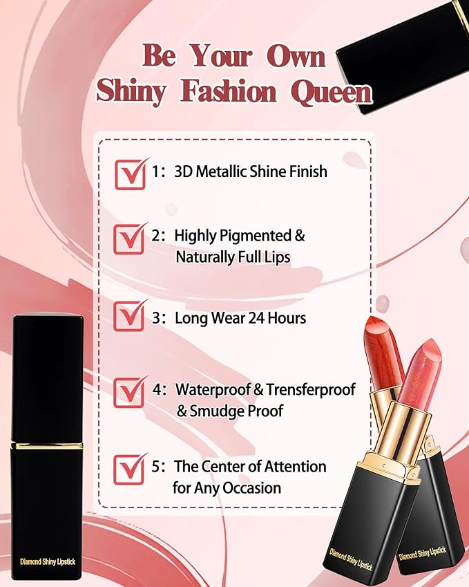 Metallic Coral Color Changing Shimmer Lipstick for Women,3D Shine High Impact Long Lasting Hydrating Transfer Proof Lipstick,Creamy Matte Non Sticky Plumping Lip Gloss,Full Coverage Lip Color Makeup03