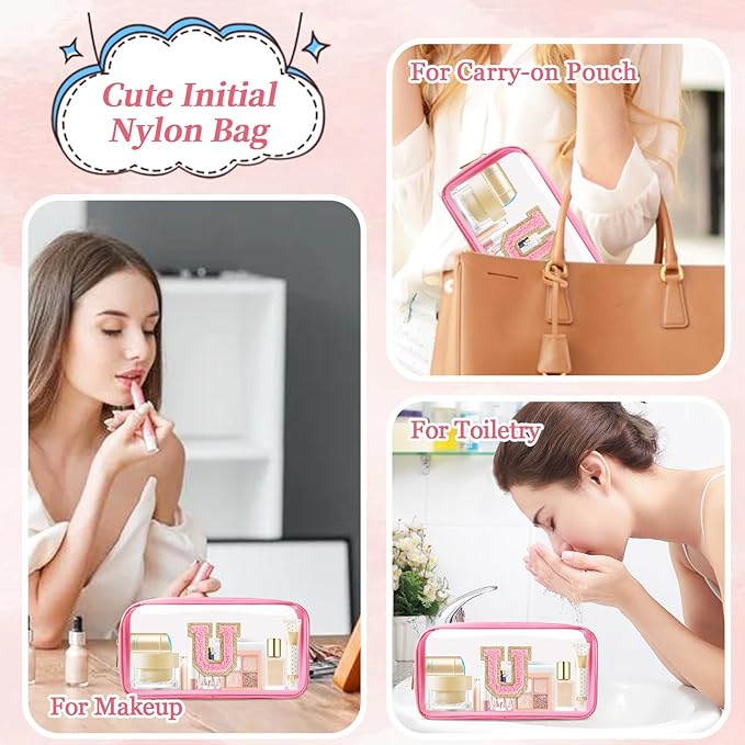 Small Clear Personalized Initial Makeup Bag, Preppy Nylon A-Z Chenille Letter Patch Makeup Organizer TSA Approved Travel Toiletry Bag,Waterproof Zip Beach Cosmetic Pouch Purse for Women(Pink-Pink U)