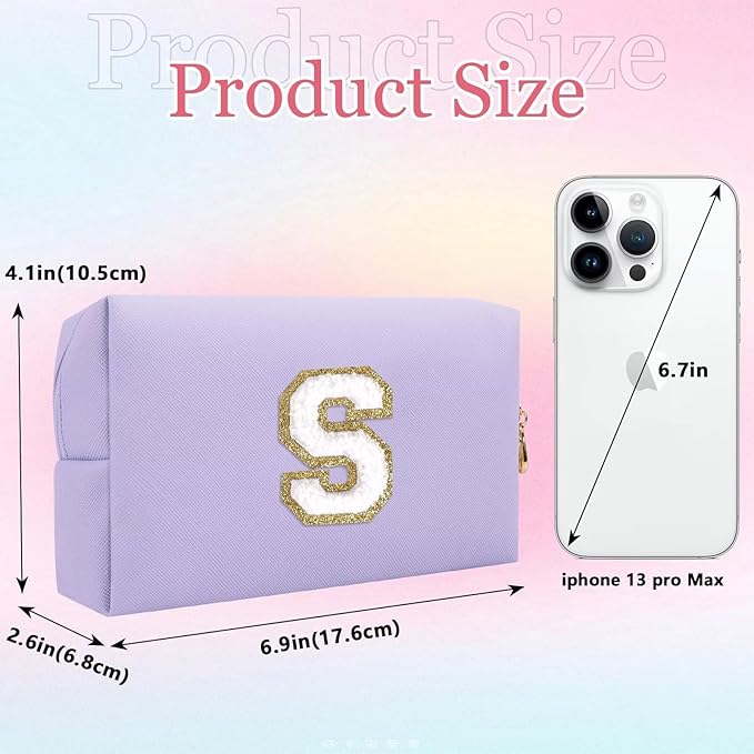 Small Personalized Letter Makeup Bag, Cute PU Leather Chenille Letters Cosmetic Bag Travel Makeup Pouch, Preppy Travel Organizer Zipper Pouch for Women&Girls（Purple-S）
