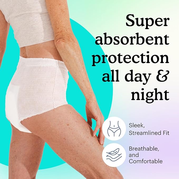 Because Adult Incontinence Underwear for Sensitive Skin - Women - Premium Overnight Disposable Briefs, Anti Odor - White, X-Large - Absorbs 6 Cups - 48 Count (4 Packs of 12)
