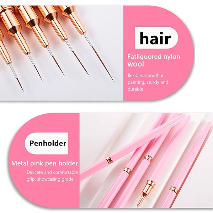 WOKOTO 5 Pcs Pink Nail Art Liner Brushes Painting Detail Nail Brushes For Nail Art Tools Set Nail Dotting Drawing Tool For Long Lines Thin Details Fine Drawing Sizes 4/8/12/20/25mm Thin Nail Brush