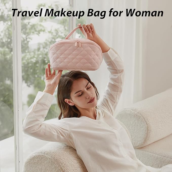 Makeup Bag for Woman, 180° Lay Flat Wide Open Makeup Bags, Large Fold out Washable Cosmetic Case, Quilted Puffy Toiletry Bags for Toiletries (White)