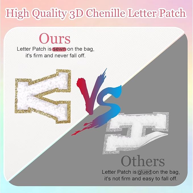 Small Personalized Letter Makeup Bag, Cute PU Leather Chenille Letters Cosmetic Bag Travel Makeup Pouch, Preppy Travel Organizer Zipper Pouch for Women&Girls（White-M）
