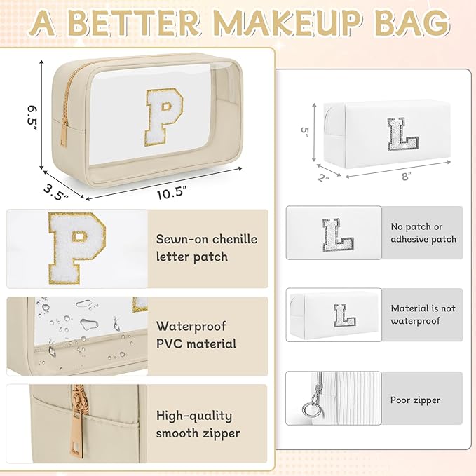 Personalized Initial Clear Makeup Bag, Travel Chenille Patch Cosmetic Bag, Preppy Toiletry Bag Monogram Cosmetic Pouch with Zipper, Ideal Gift for Teen Girls Women (Clear-Beige, P)