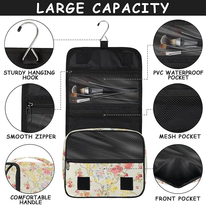 Yellow Flower Travel Toiletry Bag with Hanging Hook for Women and Girls, Rose Floral Cosmetic Makeup Case Organizer for Accessories, Shampoo, Full Sized Container, Toiletries