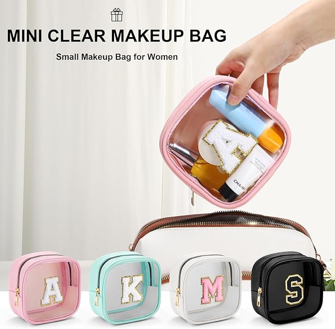 YOOLIFE Initial Make Up Bag Travel Toiletry Bag, Clear Makeup Bag Preppy Cosmetic Bags Organizer Travel Essentials Gifts for Women Teen Girlfriend Teacher Mom Birthday Gifts Mini Blue C