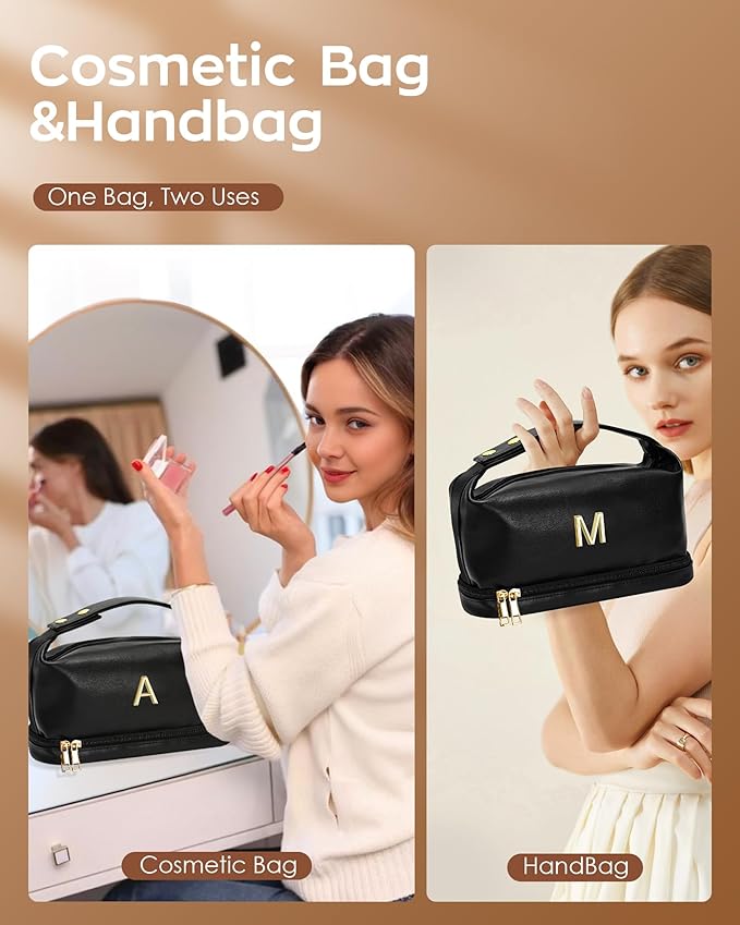 Gifts for Girl, Personalized Makeup Bag with Handle, Initial Double Layer Cosmetic Bag with Makeup Brush Organizer, PU Leather Travel Toiletry Bag, Gifts for Friends Female Mom