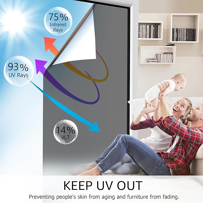 HIDBEA One Way Window Film, Daytime Privacy Sun Blocking Reflective Window Film No Glue Static Cling Heat Control Window Tinting Film for Home and Office, Black Silver, 23.6 x 157.5 Inch