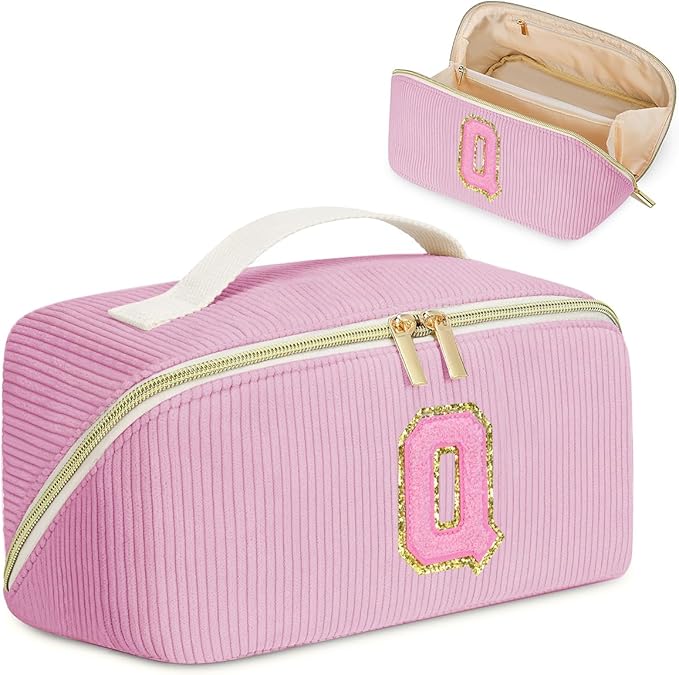 Personalized Initial Makeup Bag,Christmas Gifts for Girl,Preppy Bag Cosmetic Travel Bag Women,Travel Toiletry Organizer,Large Capacity Corduroy Stuff Bag,Cute Cosmetic Pouch Skincare Bag-Q