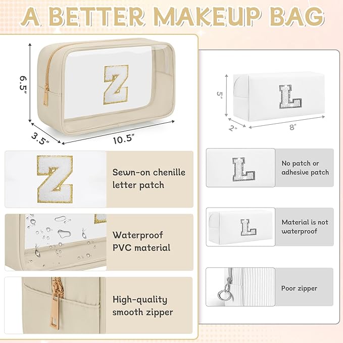 Personalized Initial Clear Makeup Bag, Travel Chenille Patch Cosmetic Bag, Preppy Toiletry Bag Monogram Cosmetic Pouch with Zipper, Ideal Gift for Teen Girls Women (Clear-Beige, Z)