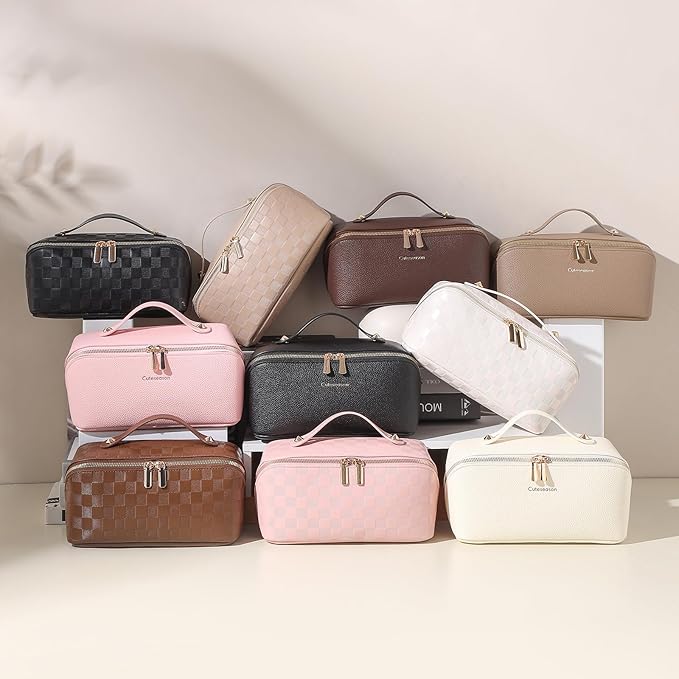 Makeup Bag, Travel Toiletry Bag for Women, Large Capacity Waterproof PU Leather Cosmetic Bags Make Up Organizer Bags with Headband and Wristband Set (Light Brown, Lychee)