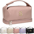 Travel Gifts Initial Cosmetic Bags Personalized Bags with Handle, Double Layer Makeup Bag, Large Capacity PU Leather Makeup Bags Letter Travel Toiletry Bag with Makeup Brush Organizer