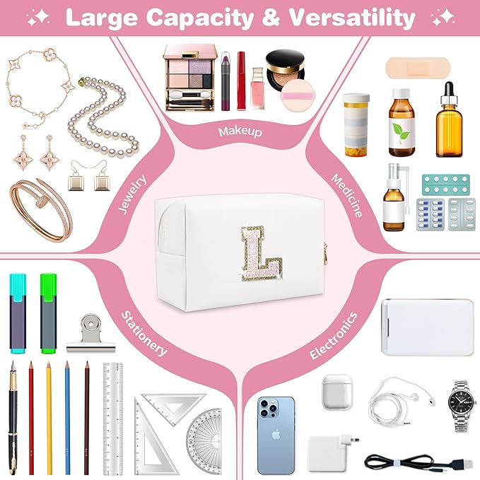 Small Initial Patch Makeup Bag Personalized Gifts Make Up Bag,White Cute PU Leather Glitter Letter Cosmetic Bag with Zipper,Trendy Portable Travel Toiletry Pouch,Preppy Stuff for Teen Girls Women L
