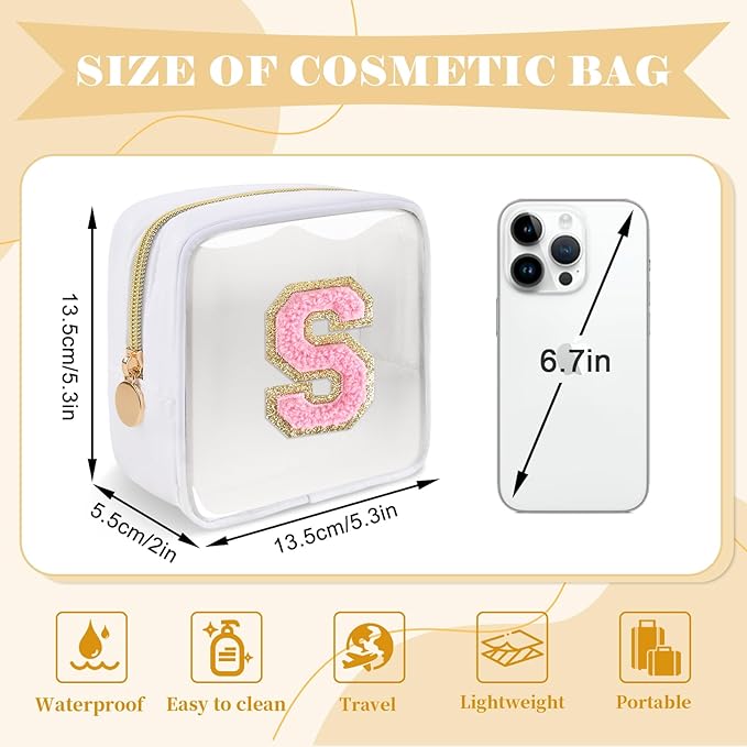 Personalized Initial Letter Clear Preppy Makeup Bag,Mini Nylon Chenille Letter Cosmetic Bag Cute Zipper Pouch Purse for Teen Girls,Portable TSA Approved Beach Travel Essentials Bag Gift for Women,S