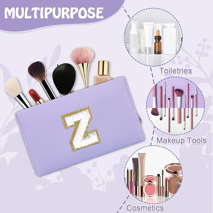 Small Initial Preppy Makeup Bag, Personalized Cute Purple Cosmetic Organizer Chenille Letter Travel Toiletry Zipper Pouch for Purse, Waterproof PU Makeup Case Birthday Gifts for Women Friend(Letter Z)
