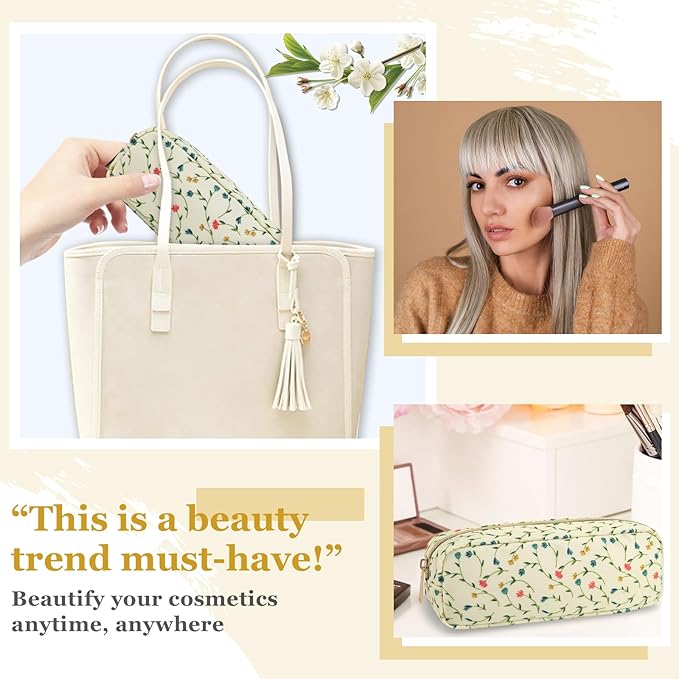 Nylon Small Floral Makeup Bag Slim Pouch, Preppy Cute Makeup Brush Case Bag Flower Cosmetic Zipper Pouch for Purse, Waterproof Travel Toiletry Bag Make Up Organizer for Women Girl(Light Yellow-Flower)