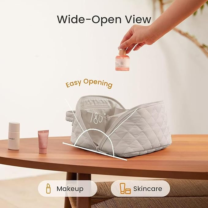 Makeup Bag for Woman, 180° Lay Flat Wide Open Makeup Bags, Large Fold out Washable Cosmetic Case, Quilted Puffy Toiletry Bags for Toiletries (White)