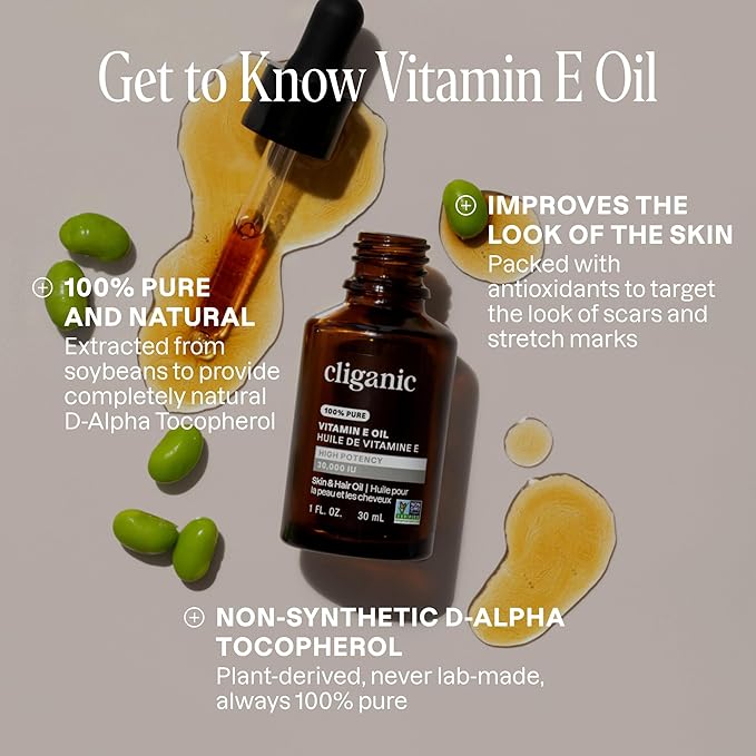 Cliganic Pure Vitamin E Oil for Skin, Scars, Hair & Face - 30,000 IU, Non-GMO Verified | Natural D-Alpha Tocopherol