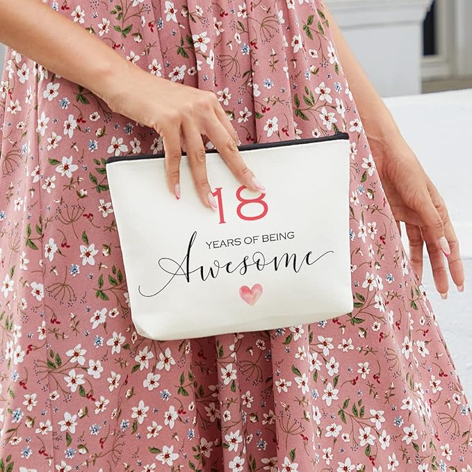 18th Birthday Makeup Bag - Inspirational Gifts for Her, Sister or Mom - Decorations for Women Celebrating 18 Years of Being Awesome