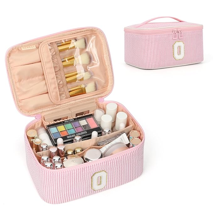 OCHEAL Makeup Bag for Women, Monogram Cosmetic Bag with Brush Holder, Pink Travel Makeup Case Beauty Toiletry Bag Organizer Personalized Gifts for Girls Bridesmaid, Sister, Wife, Friends Initial O