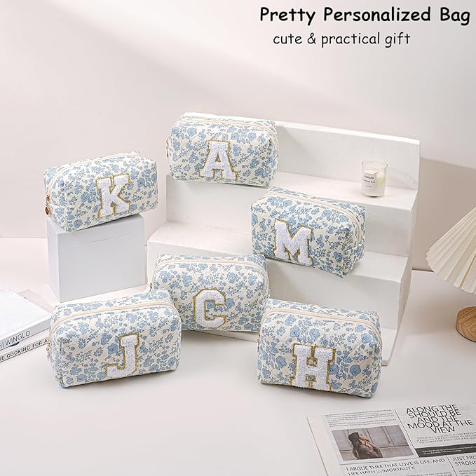 Gleyemor Personalized Initial Makeup Bag for Women, Cute Quilted Blue Floral Cotton Cosmetic Bag, Christmas Gifts for Her Mom Friend Sister Bridesmaid Teacher Women F