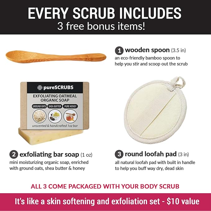 pureSCRUBS Premium Rose Body Scrub Set - Large 16oz Dead Sea Salt Body Scrub With Infused Essential Oils & Nutrients, Includes Wooden Spoon, Loofah & Oatmeal Exfoliating Bar Soap