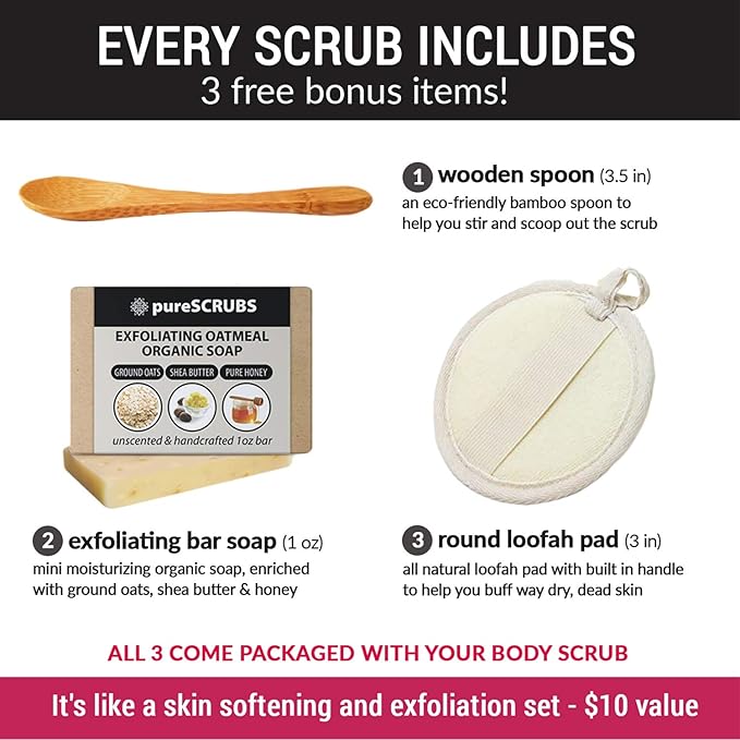 pureSCRUBS Premium Sea Salt Body Scrub Set - Large 16oz Peppermint Scrub With Infused Essential Oils & Nutrients, Includes Wooden Spoon, Loofah & Oatmeal Exfoliating Bar Soap
