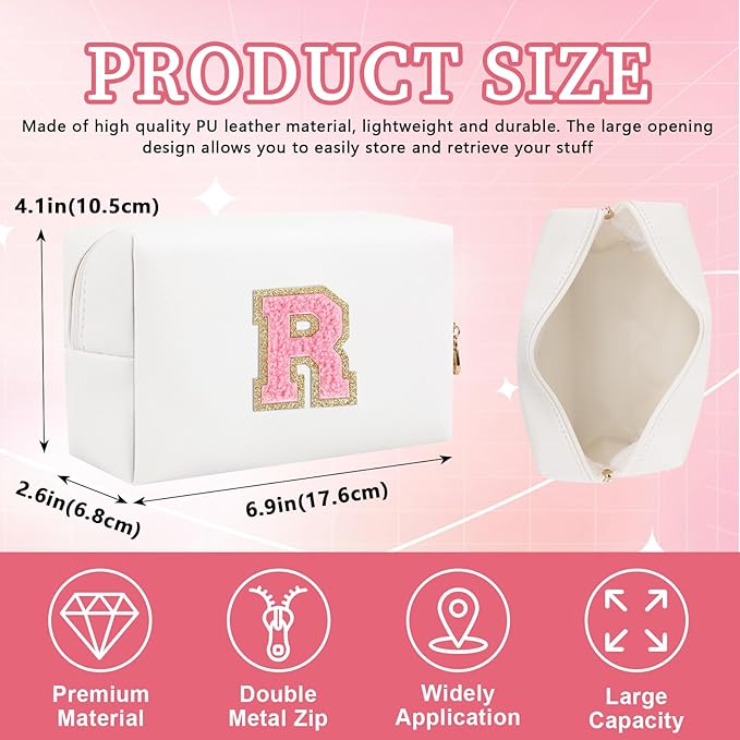 Iqimott Personalized Initial Letter Patch Makeup Bag, Preppy Portable Chenille Letter Cosmetic Bag with Zipper, PU Leather Waterproof Travel Toiletry Bag Monogram Make Up Pouch Girls(Letter R)