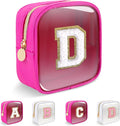 Personalized Initial Letter Clear Preppy Makeup Bag,Mini Nylon Chenille Letter Cosmetic Bag Cute Zipper Pouch Coin Purse for Teen Girls,Portable TSA Approved Travel Essentials Bag Gift for Women,D