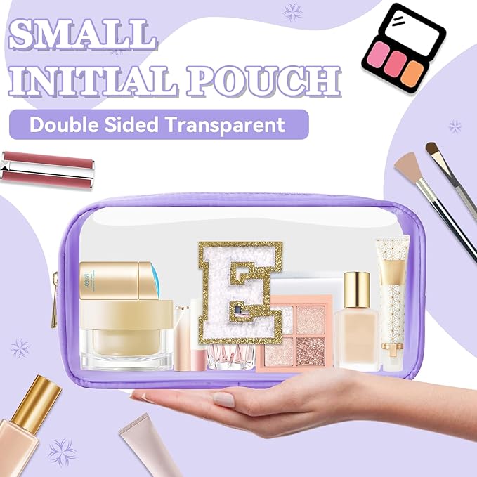 Small Clear Personalized Initial Makeup Bag,Nylon Preppy A-Z Chenille Letter Patch Cosmetic Pouch Beach Toiletry Bag,Waterproof Zip Travel Purse Storage Bag Organizer for Women Girls(Purple-White E)