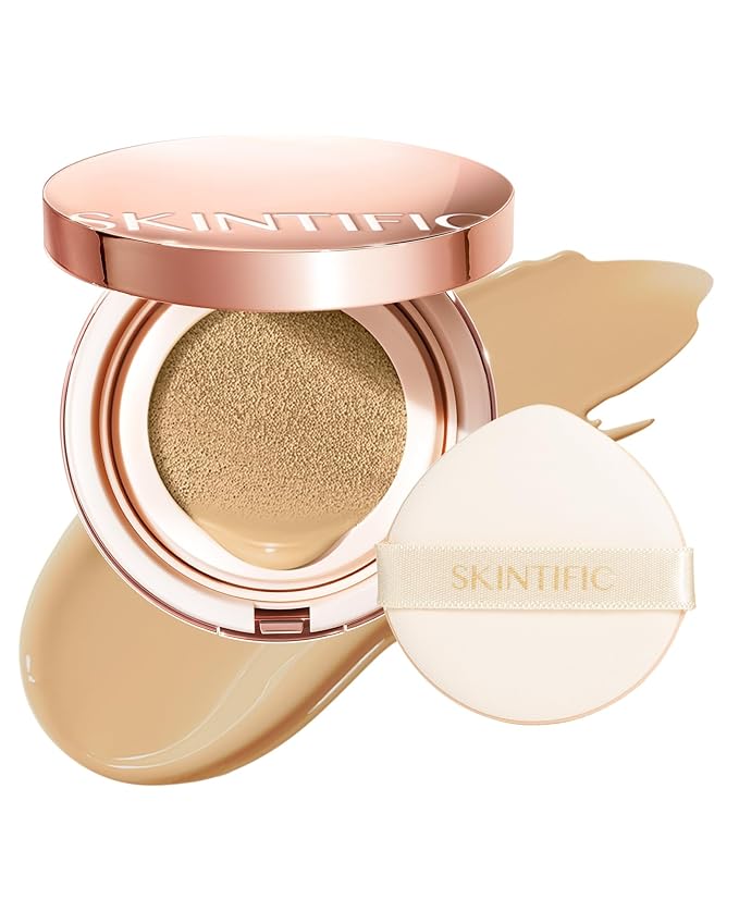 Full Coverage Cushion Foundation, Weightless, Skin Fit, Satin Glow Finish, Oil-Control Waterproof Foundation, Sweatproof Flawless BB Cream CC Korean Makeup,Tattoo Cover Up, Buildable(#22N Shell Beige)