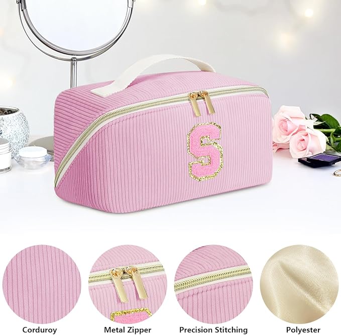 Personalized Initial Makeup Bag,Christmas Gifts for Girl,Preppy Bag Cosmetic Travel Bag Women,Travel Toiletry Organizer,Large Capacity Corduroy Stuff Bag,Cute Cosmetic Pouch Skincare Bag-W