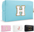 Personalized Chenille Letter Preppy Makeup Bag, Small Initial Blue Cosmetic Bag Travel Toiletry Zipper Pouch Monogram Makeup Storage, Waterproof PU Make Up Case Travel Essentials for Women(Letter H)