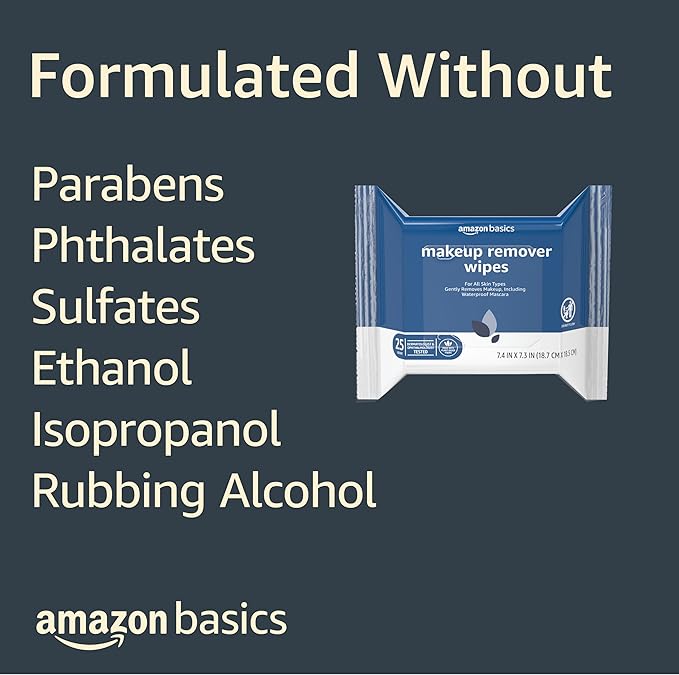 Amazon Basics Makeup Remover Wipes, Gentle Cleansing, Dermatologist Tested, Original, Plant Based, Alcohol-Free, Removes Waterproof Mascara, 25 Count Per Pack, Pack of 6