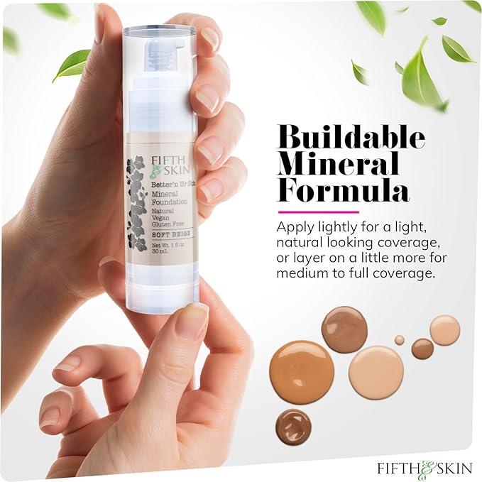 Fifth & Skin: Better’n Ur Skin Liquid Foundation (SOFT BEIGE) - Natural, Organic, Vegan, Cruelty-Free - Gluten-Free Beauty with Buildable Coverage and Palm-Free Luxury - 1 oz
