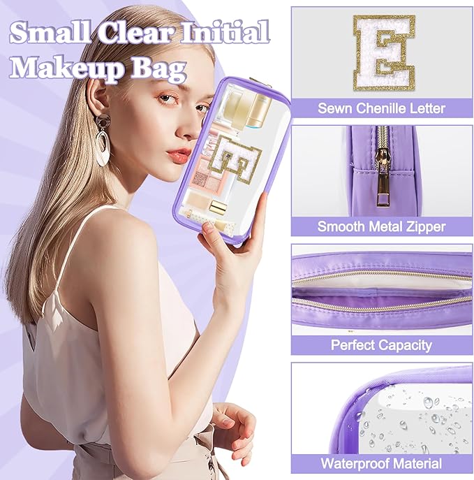 Small Clear Personalized Initial Makeup Bag,Nylon Preppy A-Z Chenille Letter Patch Cosmetic Pouch Beach Toiletry Bag,Waterproof Zip Travel Purse Storage Bag Organizer for Women Girls(Purple-White E)