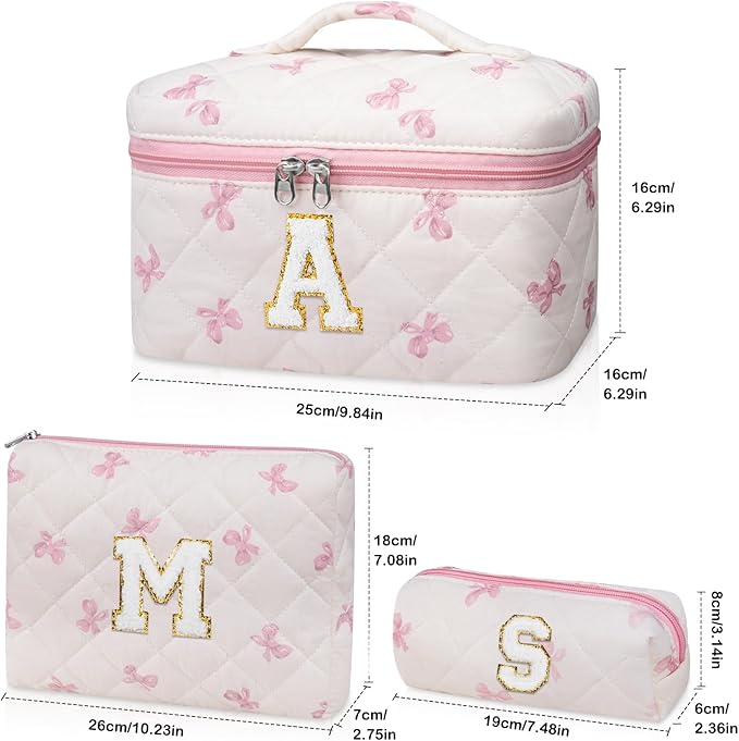 Initial Makeup Bag Set, Personalized Quilted Makeup Bag, Large Floral Cosmetic Bag for Women, Cute Cotton Custom Make up Bags, Flower Travel Toiletry Bag Teen Girl Gift Pink Butterfly S