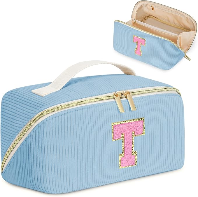 Personalized Initial Makeup Bag,Christmas Gifts for Girl,Preppy Bag Cosmetic Travel Bag Women,Travel Toiletry Organizer,Large Capacity Corduroy Stuff Bag,Cute Cosmetic Pouch Skincare Bag-T