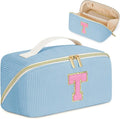Personalized Initial Makeup Bag,Christmas Gifts for Girl,Preppy Bag Cosmetic Travel Bag Women,Travel Toiletry Organizer,Large Capacity Corduroy Stuff Bag,Cute Cosmetic Pouch Skincare Bag-T