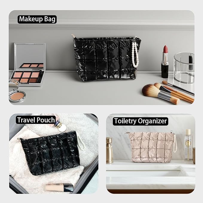 Puffer Quilted Makeup Bag Travel Cosmetic Bag Portable Puffy Checkered Toiletry Pouch Skincare Organizer Purse Pencil Case (Silver)