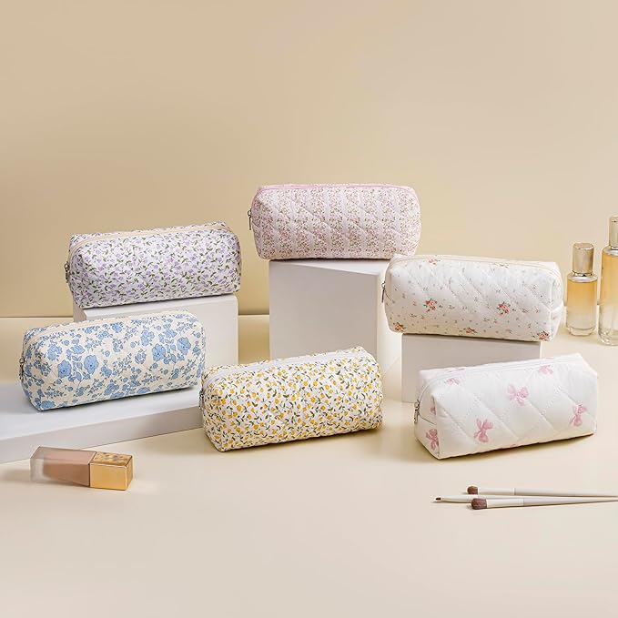 Cute Floral Cotton Makeup Brush Cosmetic Bag for Women, Travel Quilted Zipper Make Up Bag, Flowers Toiletry Organizer Case Kawaii Makeup Cosmetic Travel Cloth Pouch (Blue+Navy Blue)